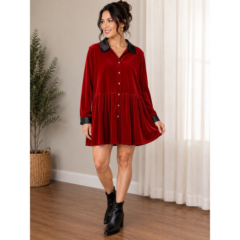 ModCloth Red Velvet Babydoll Dress Skull Buttons Black Satin Trim NWT 2X